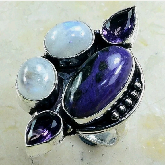 New Charoite, Rainbow Moonstone, and Amethyst 925 Silver Ring. - Picture 15 of 16